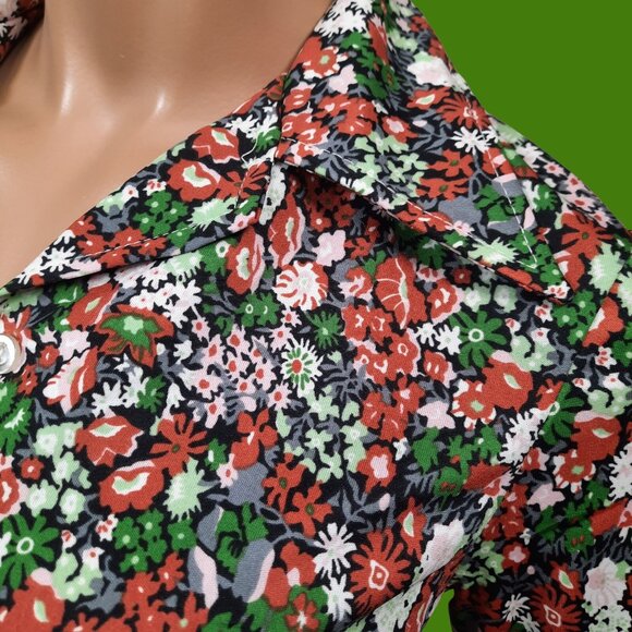 Vintage 70s Blouse Belted Floral Disco Dagger Collar Long Sleeve Button Up Sz S - Picture 3 of 11